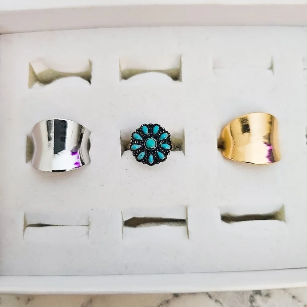 3 Pcs Adjustable Fashion Rings Gold Silver Blue Country Southern Girl